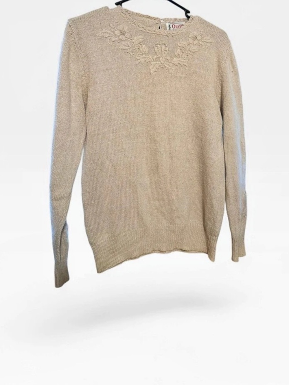 Orvis Embroidered Floral Sweater in Beige Silk and Cotton blend Size S Vintage 9
